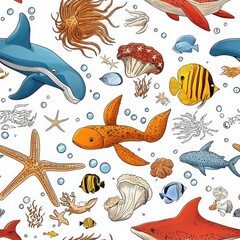 Fototapeta premium Colorful and diverse seamless pattern of various sea animals including fish, turtles, and other marine life