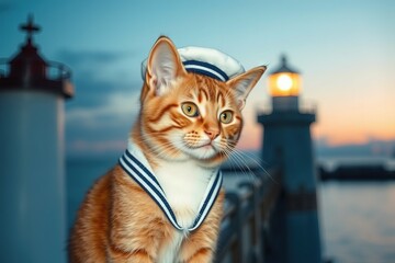 Obraz premium Cat in sailor hat poses near coastal lighthouse Generative AI
