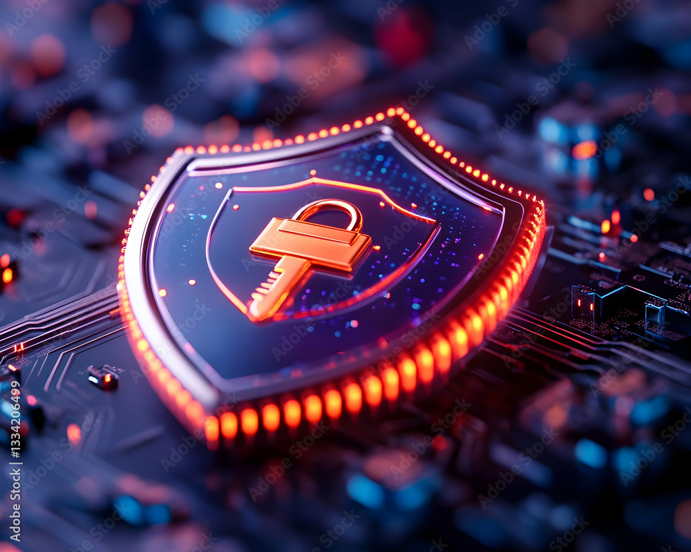 Aufkleber glowing shield with keyhole on circuit board, symbolizing digital security