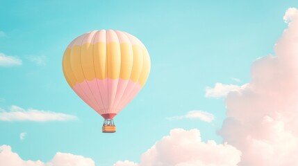 Naklejka premium Pastel hot air balloon floats, sunny sky, clouds