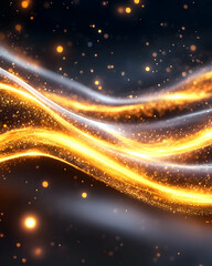 Fototapeta premium Golden and silver energy waves flow across a dark background, sprinkled with glowing particles