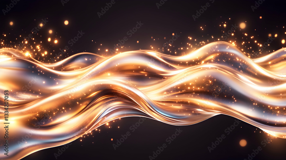 Poster golden liquid wave with sparkling particles on dark background