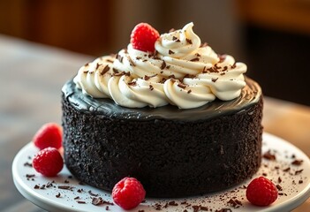 Photorealistic image of Black Forest Cake with whipped cream and raspberries