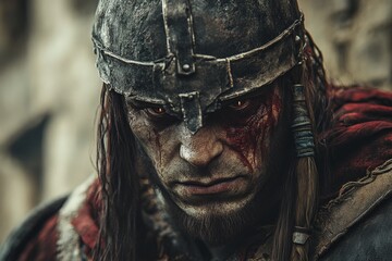 Intense warrior portrait in rugged armor set against a dark battlefield at dusk