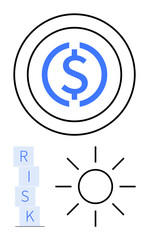 Dollar sign within concentric circles, stacked RISK blocks, and radiant sun. Ideal for finance, investment, economy, risk management, business strategy, growth abstract line flat metaphor