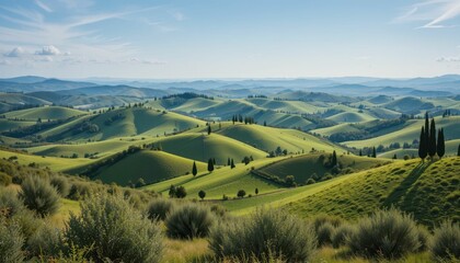 Obraz premium Rolling Green Hills and Cypress Trees Under Blue Sky Landscape