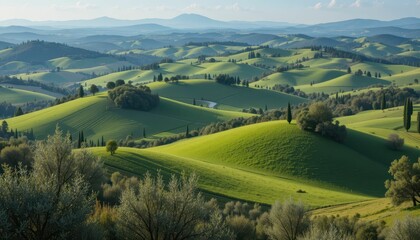 Obraz premium Lush Green Rolling Hills Under a Bright Blue Sky in Italy