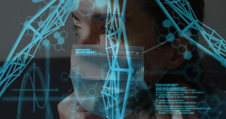 Person wearing mask with digital DNA and data processing animation overlay - Powered by Adobe