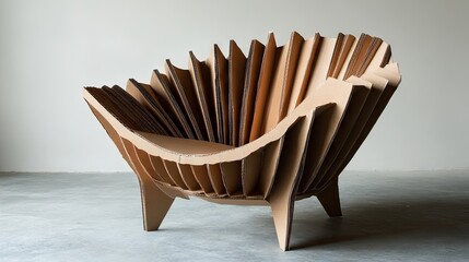 A sleek, minimalist chair crafted entirely from repurposed cardboard.