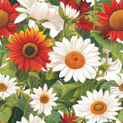 A lovely bunch of white and red flowers in a seamless background pattern for bright and elegant decor