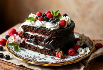Rich chocolate cake with whipped cream and fresh berries