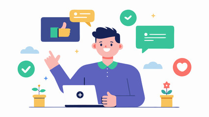 Feedback and Recognition Systems An illustration of a facilitator explaining an online feedback and recognition system to remote employees featuring thumbsup icons and employee