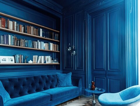 Blue color drenched library, deep navy walls, tufted blue velvet couch, warm ambient lighting