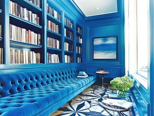 Blue color drenched library, tufted blue velvet couch, built-in bookshelves, sunlit reading nook