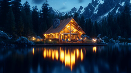 Fototapeta premium Illuminated lakeside cabin nestled in a majestic mountain range at twilight