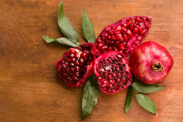broken pomegranate with leaves
