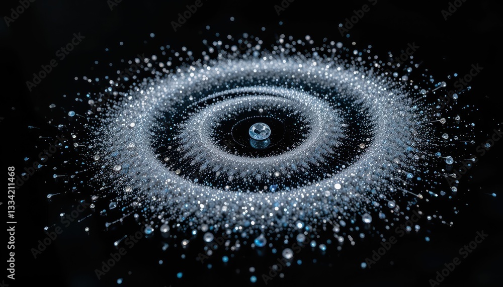 Poster sparkling droplets create beautiful pattern on dark surface