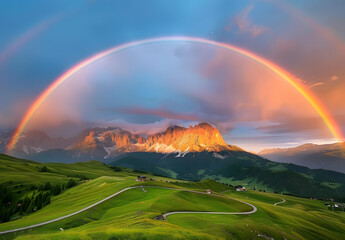 Obraz premium Mountains and grasslands under the rainbow