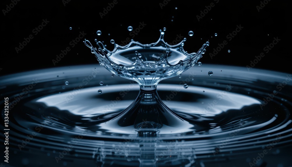 Poster water drop collision creating ripples in black background