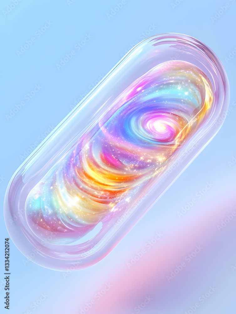 Poster iridescent capsule containing swirling nebula-like patterns