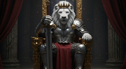 Majestic White Lion King in Royal Armor on Throne. Generative Ai