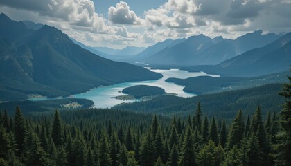 Obraz premium Serene Mountain Landscape with Lush Forest and Calm Lake Views