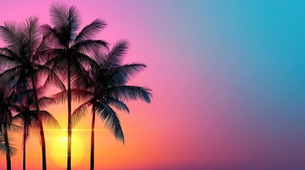 landscape featuring palm trees, a sunset gradient background, and neon grids, shot in the studio with professional lighting to enhance the aesthetic vibe