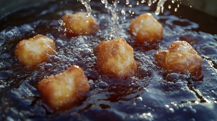 Several pieces of fried dough floating on the surface of hot oil.