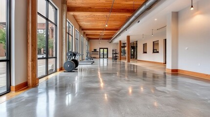 Obraz premium Bright Modern Fitness Studio with Polished Concrete Floors and Exposed Wooden Beams