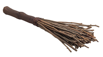 Isolated Rustic Broom Made of Twigs Tied with Wire
