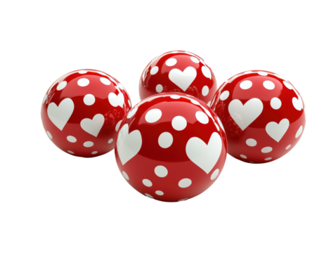 Isolated Set of Red Spheres Decorated with White Hearts and Polka Dots