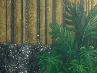 Bamboo fence with tropical green plants