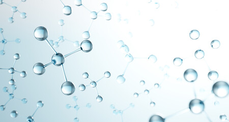 abstract molecules or atoms on light blue background. Concept of biochemical, pharmaceutical, medical. Science or medical background. 3d render
