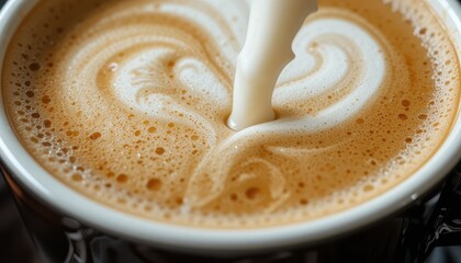Creamy milk pouring into latte art coffee cup closeup Delicious beverage foam texture