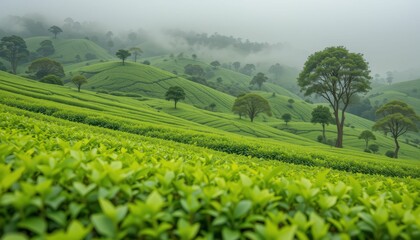 Fototapeta premium Lush Green Tea Fields Under Misty Sky in Serene Landscape
