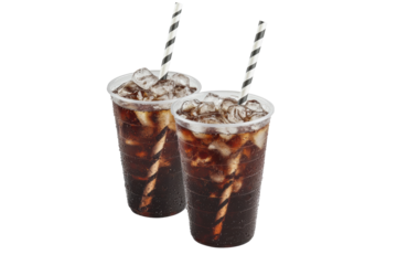 Isolated Two Refreshing Cups with Iced Cola and Black and White Straws