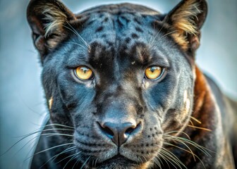 Fototapeta premium Black Panther Close-Up, Macro Photography, Mysterious Cat Portrait, Dark Eyes, Low Light, Wildlife, Feline, Animal, Night Photography, Cat Face, Panther Face, Big Cat, Wild Cat, Nocturnal Animal
