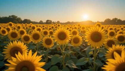 Fototapeta premium Vibrant Sunflower Field at Sunrise Under Clear Blue Sky