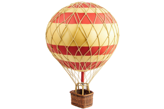 Isolated Vintage Hot Air Balloon with Red Stripes and Woven Basket