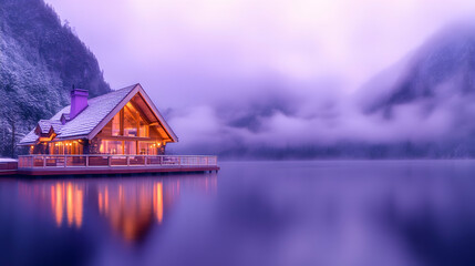 Fototapeta premium Lakeside cabin at dawn, snow-dusted roof, purple twilight, tranquil reflection