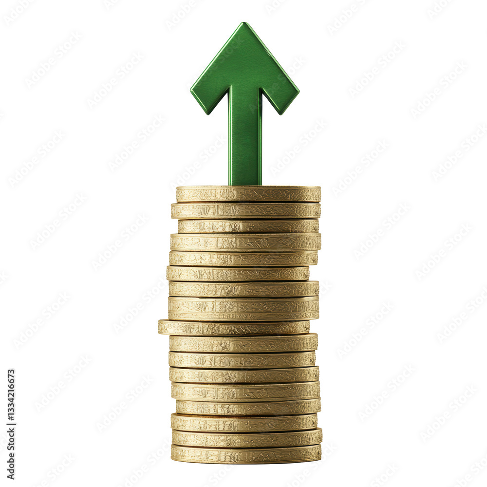 Poster isolated stack of golden coins with upward green arrow pointing up