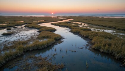 Serene Sunset Over Coastal Marshland with Calm Waters and Grass