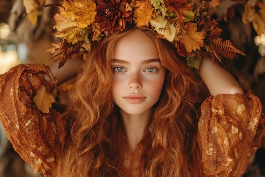 Young woman with red hair adorned in a floral crown poses gracefully among autumn leaves in a sunlit setting