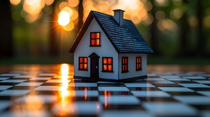 Miniature House on Glowing Chessboard Representing Strategic Financial and Real Estate Planning
