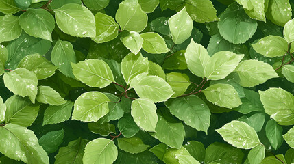 Lush green foliage with dew drops, vibrant leaf texture