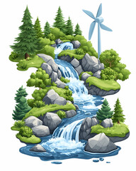 Lush green landscape with waterfall and wind turbine
