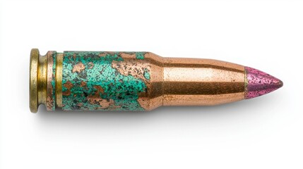 Corroded Bullet Casing Close Up Weathered Metal Texture, Green and Copper Patina on White Background
