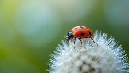 Obraz premium ladybird on a flower, Ladybug on Dandelion Seed: Nature's Fragile Connection