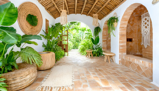 Lush tropical courtyard with terracotta tile floor, arched entryways, woven decor, and abundant greenery