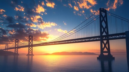 Fototapeta premium A long suspension bridge spanning water under a scenic sunset sky